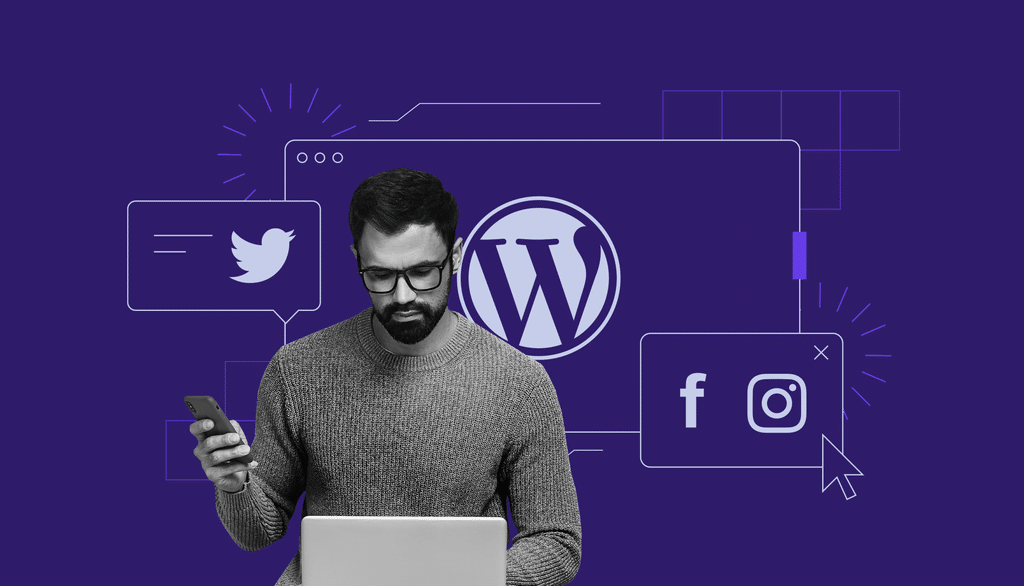 Hombre agregando sus redes sociales dentro de su plataforma de WordPress