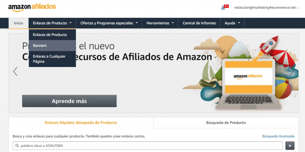 Pantalla principal de la página web de Amazon Afiliados